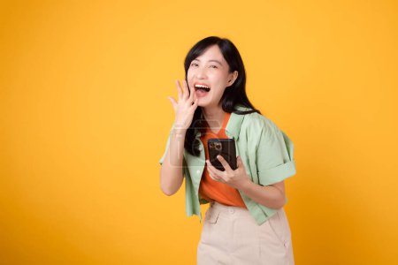 Foto de Belleza excitado joven asiático 30s mujer expresión gritando anunciar gesto mientras sostiene teléfono inteligente aislado sobre fondo amarillo. atractivo lindo hembra sorprendido hablar animando anuncio de descuento. - Imagen libre de derechos