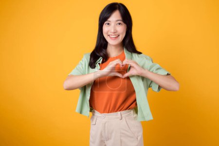 Téléchargez les photos : Gros plan de la femme asiatique des années 30 portant une chemise orange montrant le geste de la main du cœur, symbolisant la chaleur et l'affection. Parfait pour exprimer l'amour et répandre des vibrations positives dans divers projets. - en image libre de droit