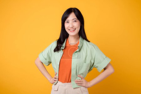 Téléchargez les photos : Femme asiatique joyeuse trentaine portant chemise verte et orange tient avec confiance la hanche avec les mains, mettant en valeur l'équilibre et l'assurance de soi. Parfait pour capturer un sentiment d'autonomisation et de mode moderne. - en image libre de droit