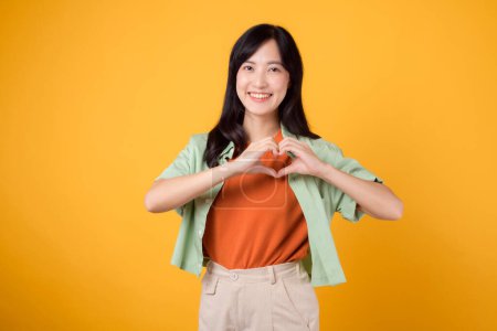 Photo for Asian cheerful woman 30s wearing orange shirt showing heart hand sign gesture on chest against yellow background, symbolizing love and positivity. happiness and spreading heartfelt emotions concept. - Royalty Free Image