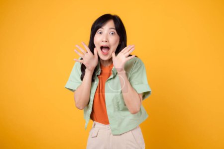 Energetic young Asian woman 30s wearing a green and orange shirt passionately shouting with excitement. Isolated on a yellow background, representing the concept of discount shopping promotion.