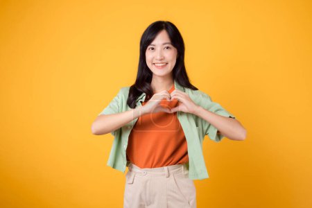 Téléchargez les photos : Concept de promotion love deal avec une jeune femme asiatique des années 30, portant une chemise verte sur une chemise orange avec un visage heureux et un geste de la main du cœur sur la poitrine sur fond jaune - en image libre de droit