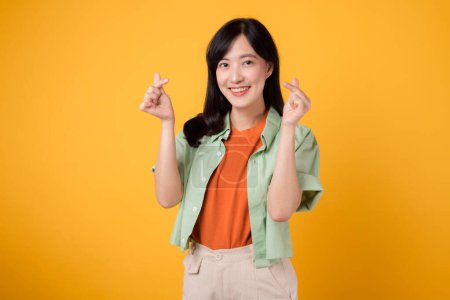 Téléchargez les photos : Jeune femme asiatique trentaine portant une chemise orange et pull vert montrant gracieusement mini geste de coeur et doux sourire, exsudant affection et tendresse. concept de langage corporel. - en image libre de droit