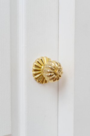 Photo for Gold door knob handle. reflective surface and modern design add touch of luxury to entrance door. Crafted with wood and metal, this round knob shines with style and security. - Royalty Free Image