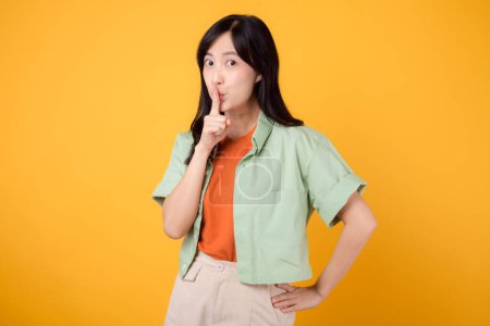 A young 30s Asian woman wearing a green shirt on an orange shirt expresses happiness hush gesture. Explore the joy and positivity captured in vibrant image on a yellow background.