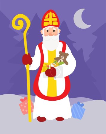 Illustration for Saint Nicholas on winter landscape, purple night background. - Royalty Free Image