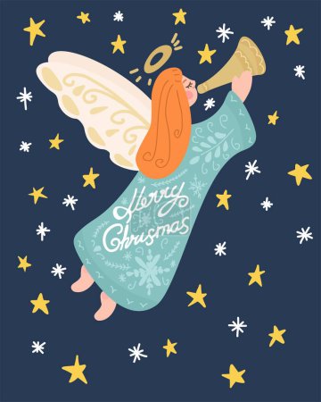 Illustration for Merry christmas greeting card with christmas angel. - Royalty Free Image