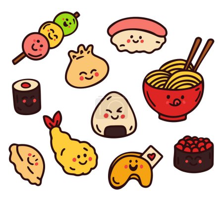 Téléchargez les illustrations : Ensemble de personnages culinaires japonais mignons. Illustration dessinée à la main isolée sur fond blanc. - en licence libre de droit