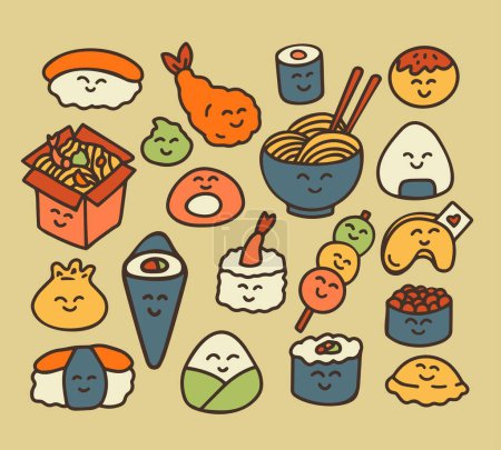 Illustration for Food icons. Set of cute Japanese food characters. Draw the illustration by hand. Late style. - Royalty Free Image