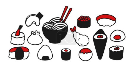 Téléchargez les illustrations : Ensemble de symboles alimentaires japonais. Dessinez l'illustration à la main. Style tardif. Des caniches. typographie. - en licence libre de droit