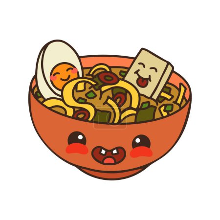 Téléchargez les illustrations : Cute soup plate character. Miso Ramen with noodles, tofu and egg. Japanese cuisine. - en licence libre de droit