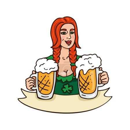 Illustration for Beautiful girl with glasses of beer with space for text. Logo for St. Patrick's day. - Royalty Free Image