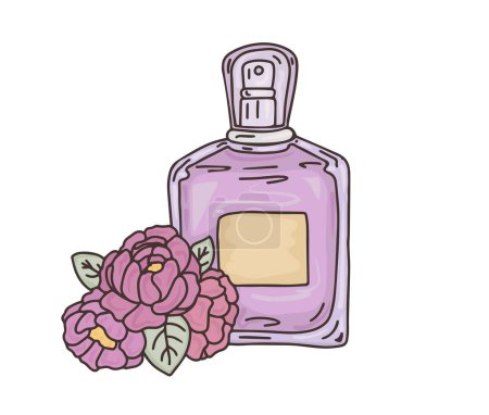 Téléchargez les illustrations : Flacon de parfum et fleurs de pivoine. Illustration vectorielle dessinée main. Croquis - en licence libre de droit