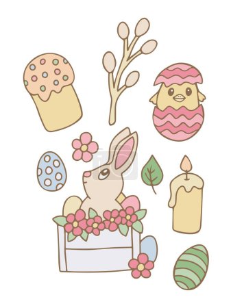 Téléchargez les illustrations : Joyeux Pâques. Ensemble d'éléments de conception de Pâques pour la célébration des vacances de printemps. - en licence libre de droit