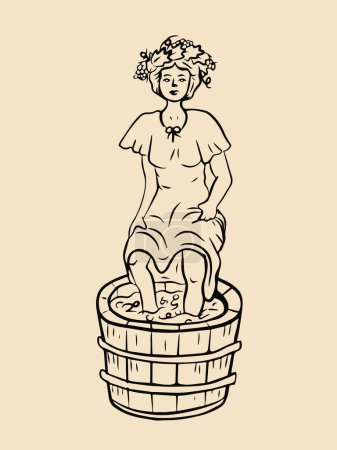 Téléchargez les illustrations : Belle femme écrasant des raisins avec ses pieds pour faire du vin. Style gravure. Illustration vectorielle. - en licence libre de droit