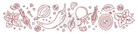 Téléchargez les illustrations : Banner. Spices and vegetables background. Vector background with handmade herbs. Sketch design. - en licence libre de droit