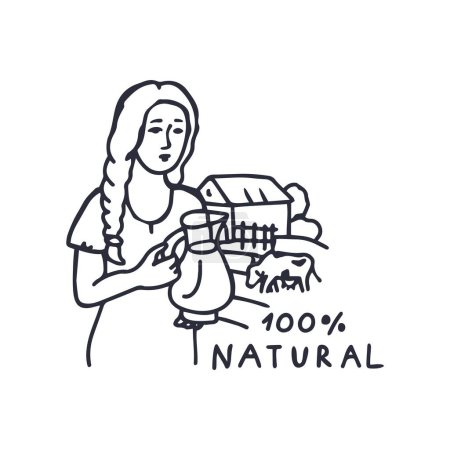 Téléchargez les illustrations : Femme agricultrice avec une cruche de lait sur le fond de la ferme. Illustration linéaire. L'inscription est 100 % naturelle. - en licence libre de droit