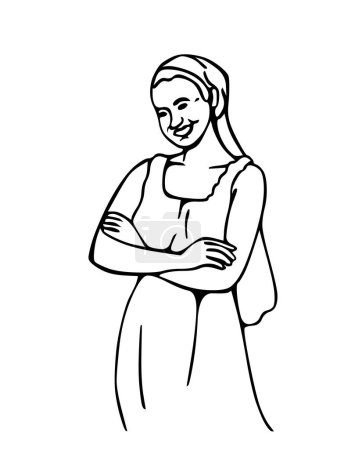 Téléchargez les illustrations : Une femme en écharpe se tient debout les bras croisés. Dessin. Isolé sur fond blanc - en licence libre de droit