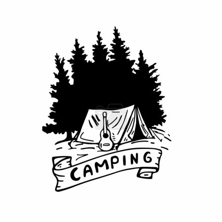 Illustration for Camping print. Hand drawn sketch with a tent, guitar and pine trees. Ideal for a shirt, t-shirt or logo, stamp. - Royalty Free Image