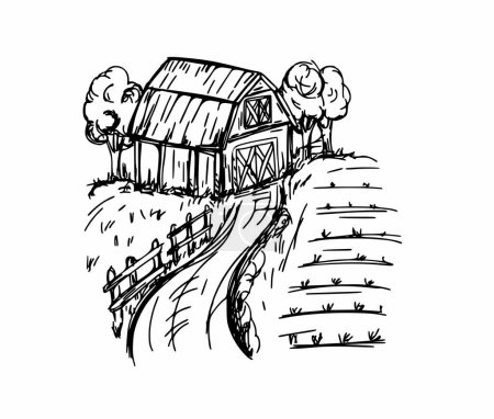 Téléchargez les illustrations : Grange rurale, croquis dessiné à la main. Isolé sur fond blanc. - en licence libre de droit