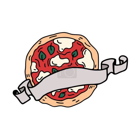 Illustration for Vector logo of pizza and ribbon with space for textIt can be used for menu, brochures, poster, sticker etc. - Royalty Free Image