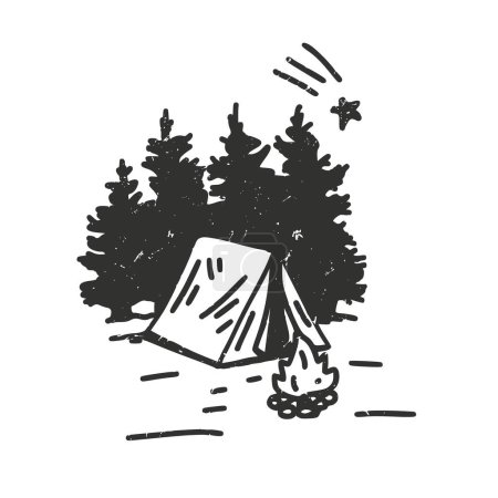 Téléchargez les illustrations : Empreinte camping. Croquis dessiné à la main avec une tente. Il peut être utilisé pour menu, brochures, affiche, autocollant, chemise, t-shirt - en licence libre de droit