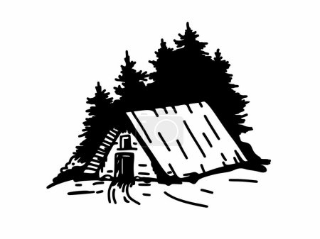 Illustration for A house in the forest. Hand drawn sketch. It can be used for brochures, poster, sticker , shirt, t-shirt. - Royalty Free Image
