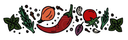 Illustration for Banner of drawn vegetables, spices and greens.  Illustration isolated on a white background - Royalty Free Image