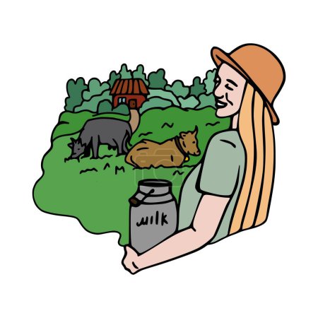 Téléchargez les illustrations : Une agricultrice tient une boîte de lait sur le fond d'un champ où paissent les vaches - en licence libre de droit