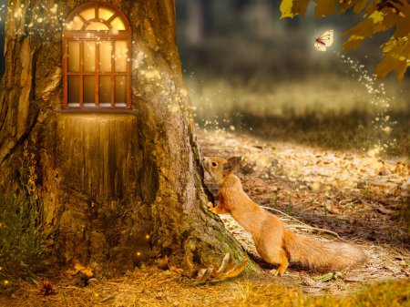 Squirrel (Sciurus vulgaris) near Fantasy house in pine tree with glowing window, magical glade in enchanted fairy tale Forest, cute animal and butterfly in fairytale wood, mysterious nature background