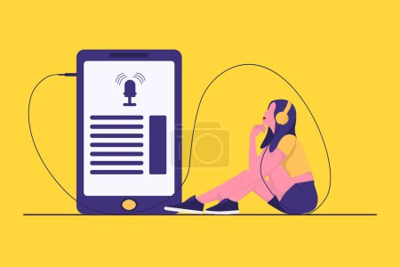 Illustration for On air.Podcast Webinar Online Learning Learning Podcast Concept. Young woman listens to podcasting while sitting at home. Vector illustration - Royalty Free Image