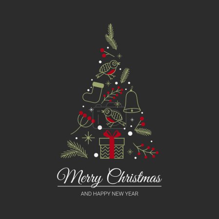 Photo for Text merry christmas and happy new year christmas items shaped like a christmas tree. Vector illustration - Royalty Free Image