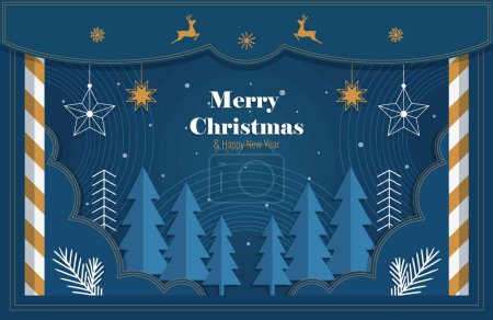 Photo for Inscription Merry Christmas and Happy New Year Christmas banner with Christmas trees, deer and snowflakes in paper technique. Vector illustration - Royalty Free Image