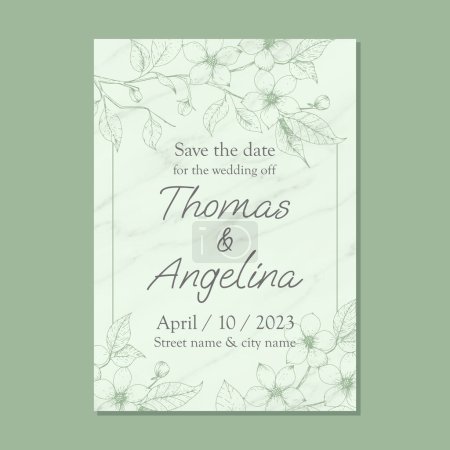 Photo for Invitation wedding flyer with minimalist floral design in hand drawn style on marble texture. Vector illustration - Royalty Free Image