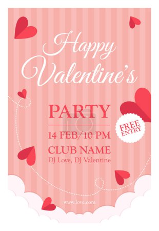 Photo for Valentines day party poster on pink striped background with clouds and hearts. Vector illustration - Royalty Free Image