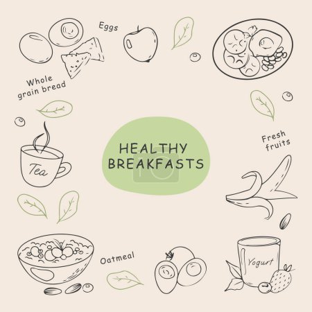 Illustration for Healthy breakfasts in hand drawn style in vector. Vector illustration - Royalty Free Image