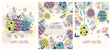 Photo for Happy easter greeting card set easter eggs and flowers. Vector illustration - Royalty Free Image