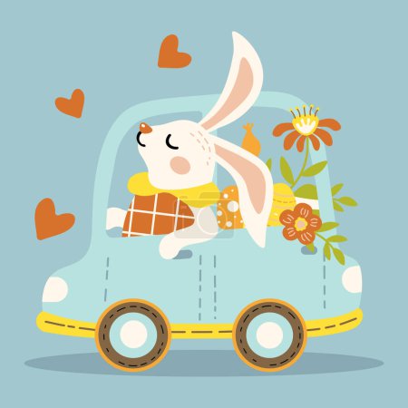 Photo for Cute spring easter bunny in the car. Vector illustration - Royalty Free Image
