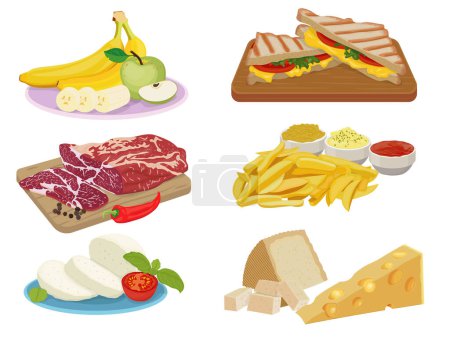 Photo for Set of six color images of fruit dish, prosciutto, sandwiches, french fries, mozzarella, and cheese. Vector illustration - Royalty Free Image