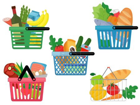 Photo for Set of five color images with customer baskets full of goods and food. Vector illustration - Royalty Free Image