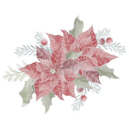 Photo for Christmas composition of red flowers and fir branches christmas star poinsettia vector watercolor. Vector illustration - Royalty Free Image