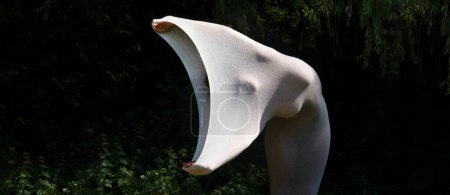 Téléchargez les photos : Photo artistique de jeune femme nue élégante sexy, son corps enveloppé dans une robe blanche serrée longue peau soulignant les formes du corps, comme statue vivante dans la nature, espace de copie - en image libre de droit