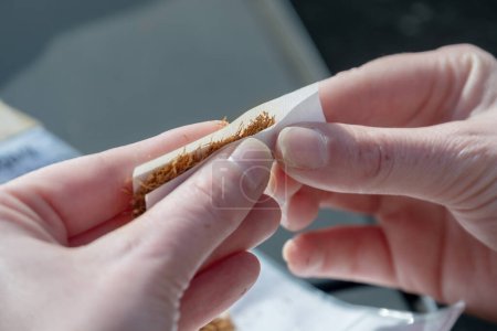 weibliche Finger drehen eine Zigarette, zwei Hände drehen gekonnt eine handgedrehte Zigarette mit ihren Fingern, Tabak und Papier