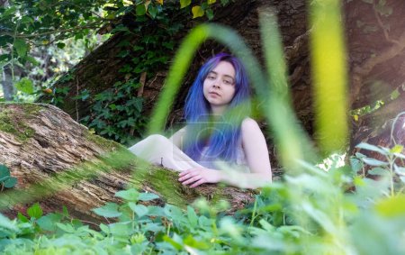 junge sexy Fee verführerisch sinnlich flirten romantische Natur liebende emo Mädchen mit lila türkis violetten Haaren, sitzt im Stamm einer umgestürzten Weide in paradiesisch grünen Meer von Pflanzen, Kopierraum