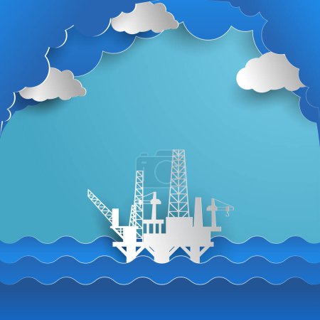 Drilling rig for oil production platform in offshore paper art. vector illustration