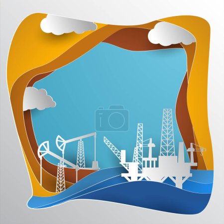 Illustration for Drilling rig for oil production platform in offshore paper art. vector illustration - Royalty Free Image