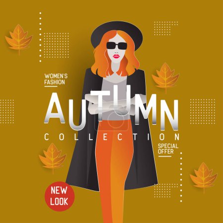 Illustration for Woman in autumn fashion with maple leaves. vector illustration - Royalty Free Image