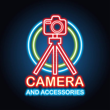 Téléchargez les illustrations : Équipement de caméra avec effet néon pour le magasin de caméras. illustration vectorielle - en licence libre de droit