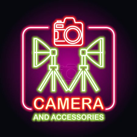 Photo for Camera equipment with neon sign effect for camera store. vector illustration - Royalty Free Image
