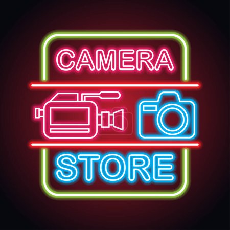 Ilustración de Equipo de cámara con efecto de señal de neón para tienda de cámaras. ilustración vectorial - Imagen libre de derechos